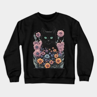 Retro black Cat with Flowers Crewneck Sweatshirt